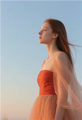 欧美橙色纱裙美女侧颜写真摄影图片